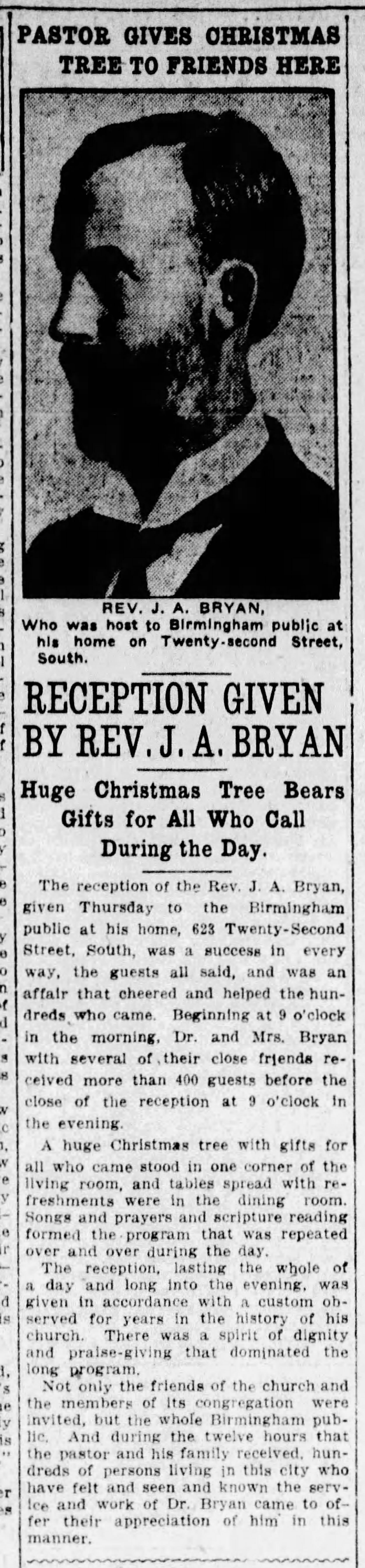 Pastor Gives Christmas Tree to Friends Here: Reception Given By Rev. J.A. Bryan